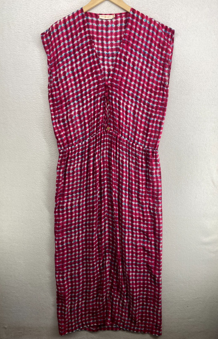 TORY BURCH Dress XS S Tie Dye Maxi Cinched Tie Front Sleeveless Rayon Pink